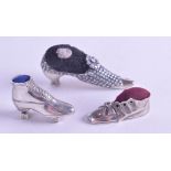 THREE SILVER SHOE PIN CUSHIONS. (3)