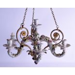A LARGE 19TH CENTURY GERMAN DRESDEN PORCELAIN AND ORMOLU CHANDELIER overlaid with extensive