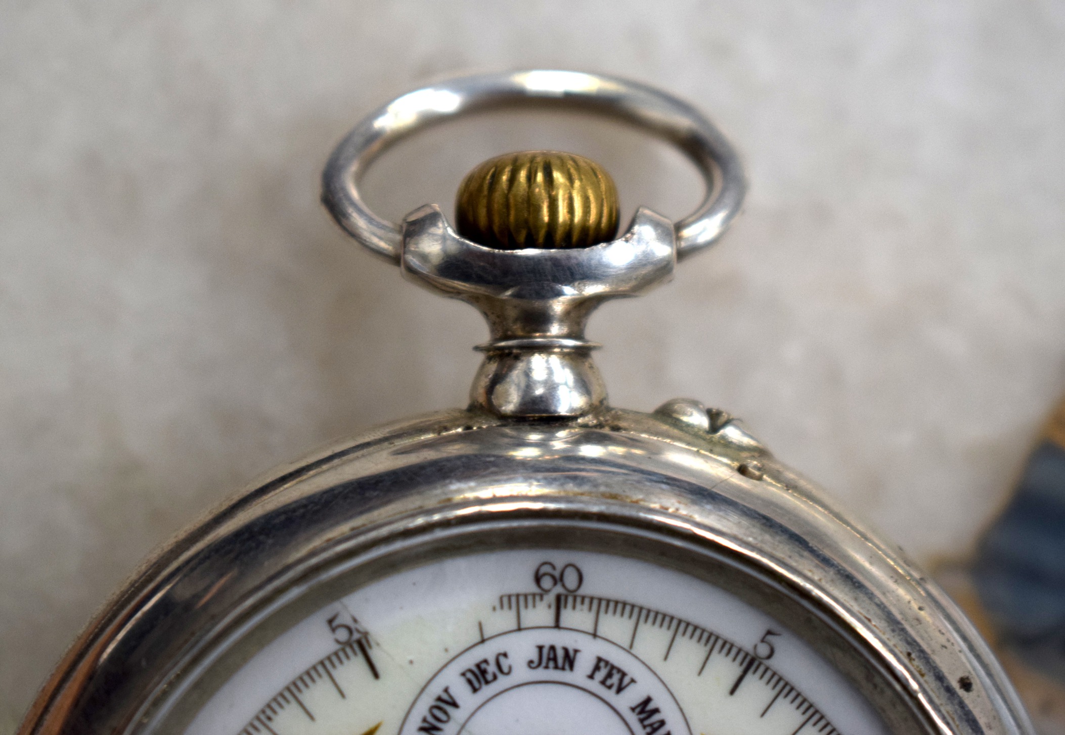 A RARE ANTIQUE PATEK PHILLIPE SILVER TRIPLE DIAL POCKET WATCH with gold and blue highlights. 5.5 - Image 5 of 11