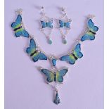 A SILVER AND ENAMEL BUTTERFLY NECKLACE with matching earrings. (3)