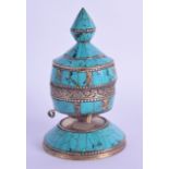 AN UNUSUAL ANTIQUE MIDDLE EASTERN TURQUOISE AND YELLOW METAL PRAYER WHEEL with foliate rim. 11.5