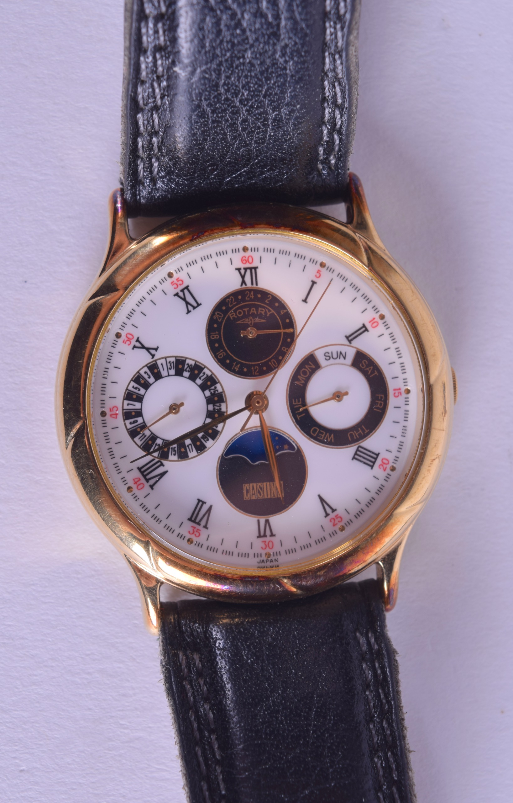A BOXED ROTARY MULTI DIAL WRISTWATCH with white enamel dial. Dial 3.25 cm diameter.