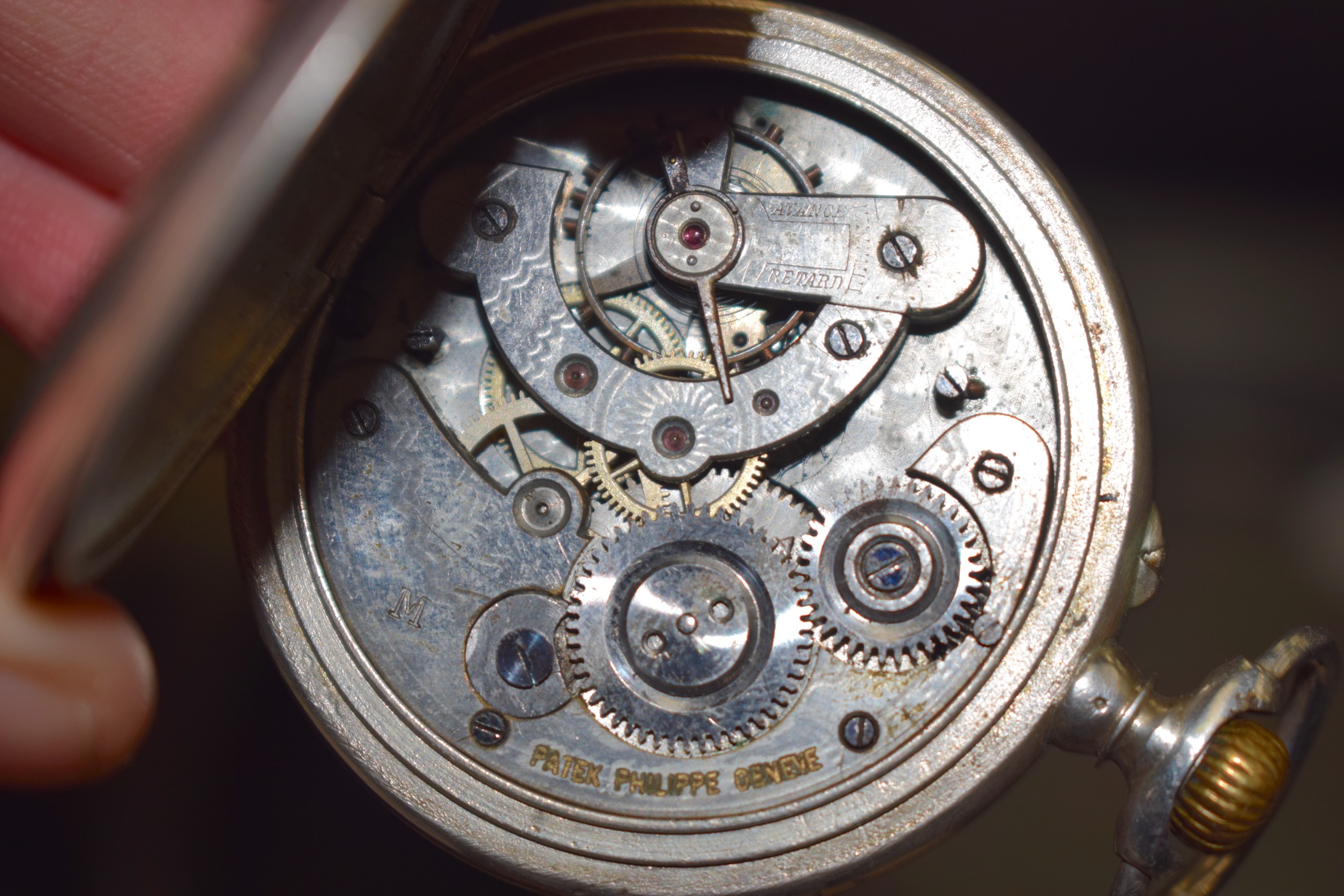 A RARE ANTIQUE PATEK PHILLIPE SILVER TRIPLE DIAL POCKET WATCH with gold and blue highlights. 5.5 - Image 9 of 11