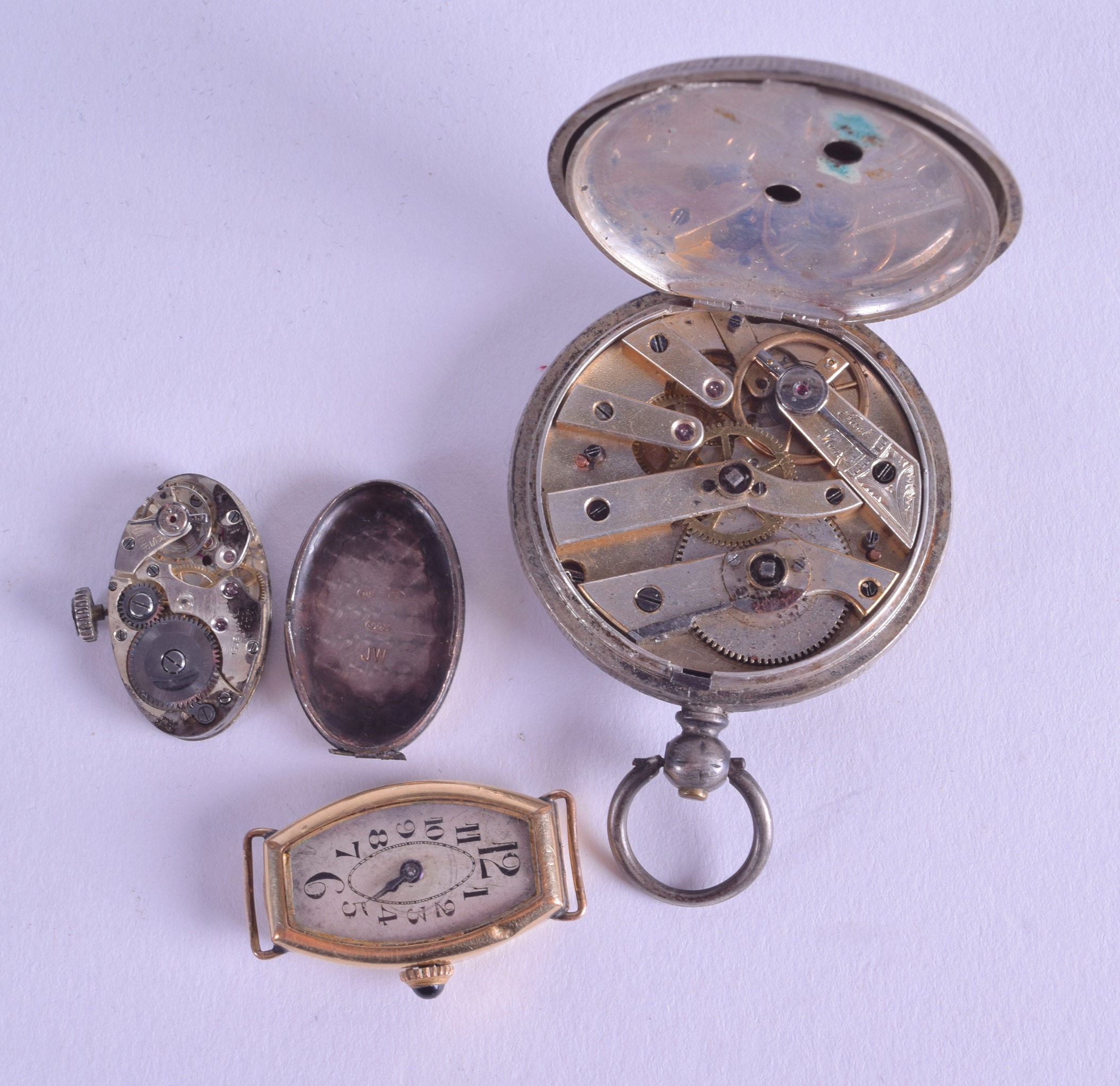 AN ANTIQUE SILVER POCKET WATCH together with two other 1930s watch movements & dials. (3) - Image 2 of 2