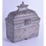 A 17TH/18TH CENTURY PEWTER BAPTISM HOLY WATER CASKET with two original containers. 9.75 cm wide.