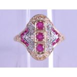 A 9CT GOLD RUBY AND DIAMOND DECO STYLE RING. Size Q.