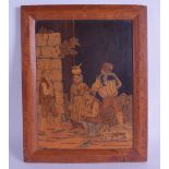A 19TH CENTURY CONTINENTAL MARQUETRY WOODEN PANEL inlaid with four figures and a hound within an