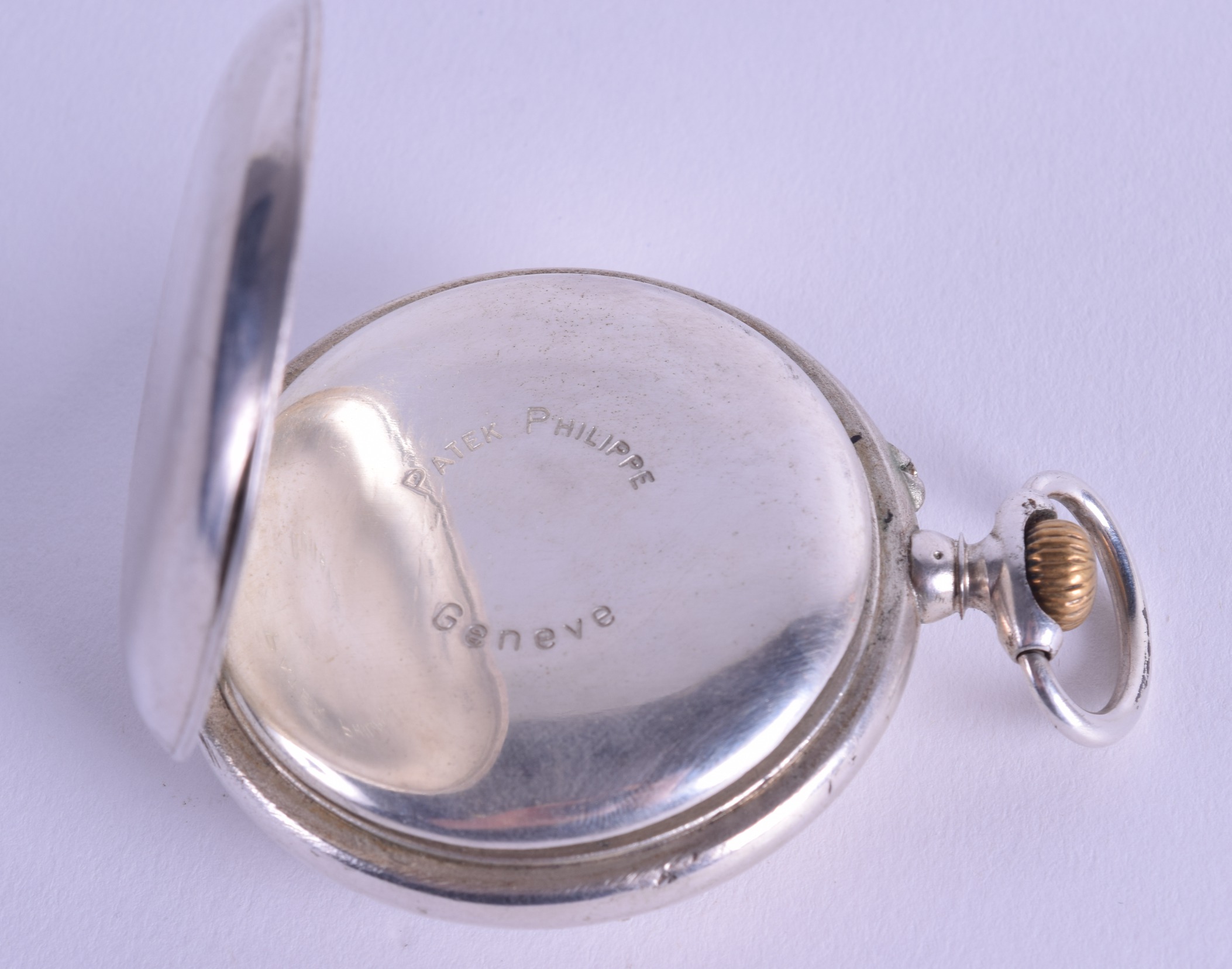 A RARE ANTIQUE PATEK PHILLIPE SILVER TRIPLE DIAL POCKET WATCH with gold and blue highlights. 5.5 - Image 2 of 11