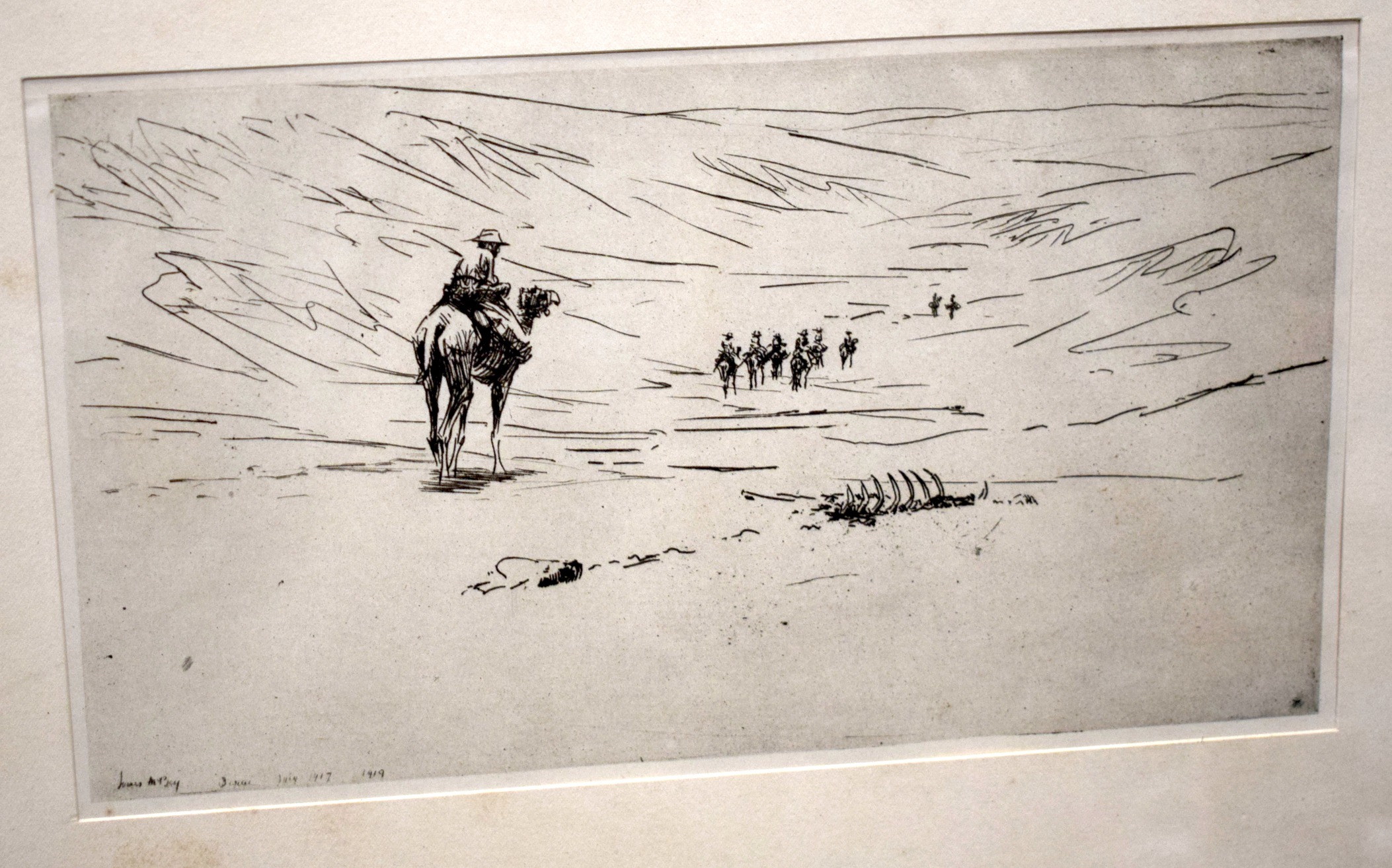 JAMES MCBAY (1883-1959), set of three framed pen & ink drawing, camels in landscapes. 15 cm x 24 - Bild 3 aus 4