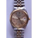 A BOXED GENTLEMANS ROTARY ROLEX STYLE WRISTWATCH with yellow metal and steel strap & paperwork. 3.75