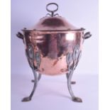 A LARGE STYLISH ART NOUVEAU COPPER AND STEEL COAL BUCKET AND COVER inset with Flambe Ruskin type
