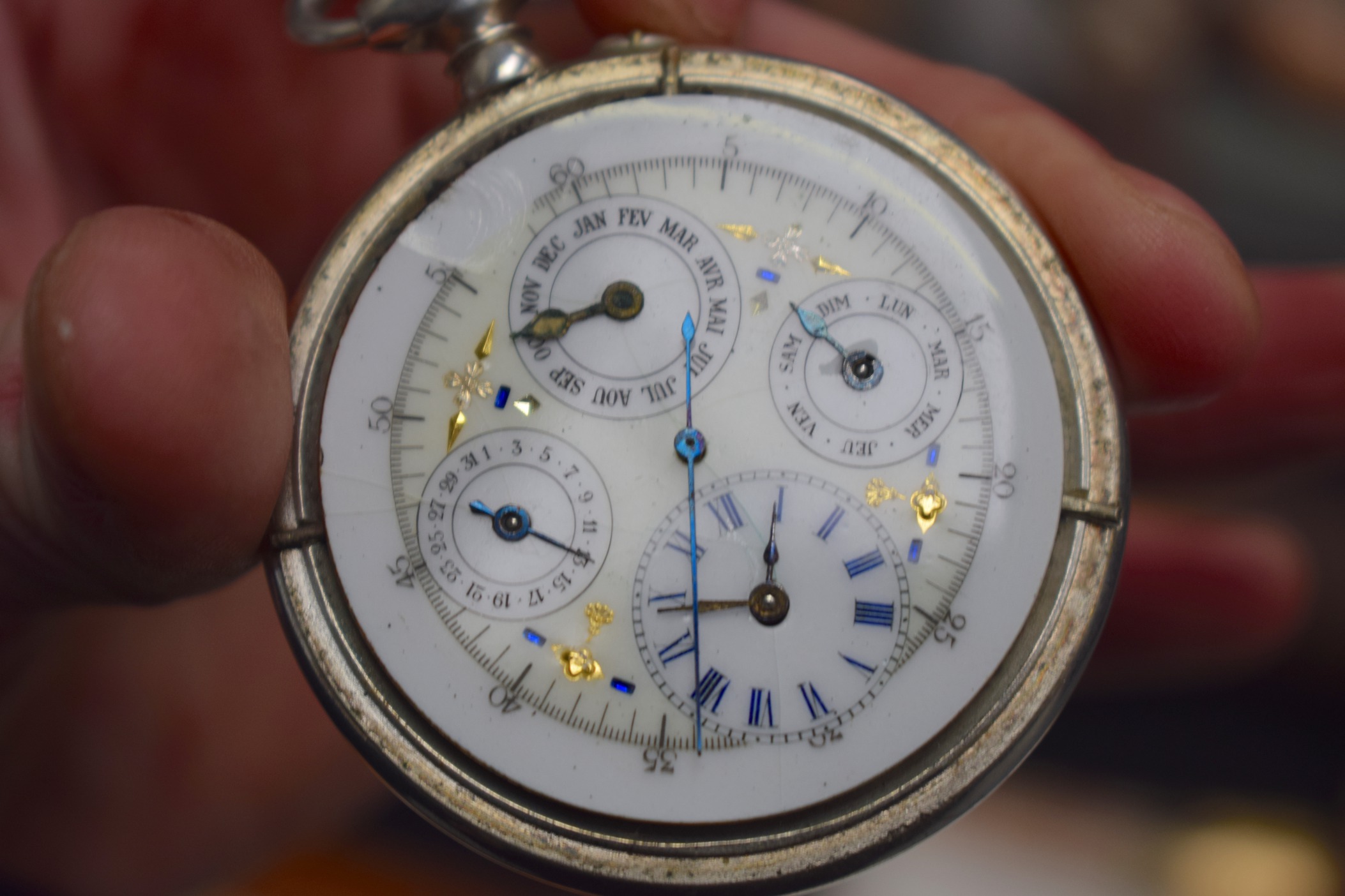 A RARE ANTIQUE PATEK PHILLIPE SILVER TRIPLE DIAL POCKET WATCH with gold and blue highlights. 5.5 - Image 11 of 11