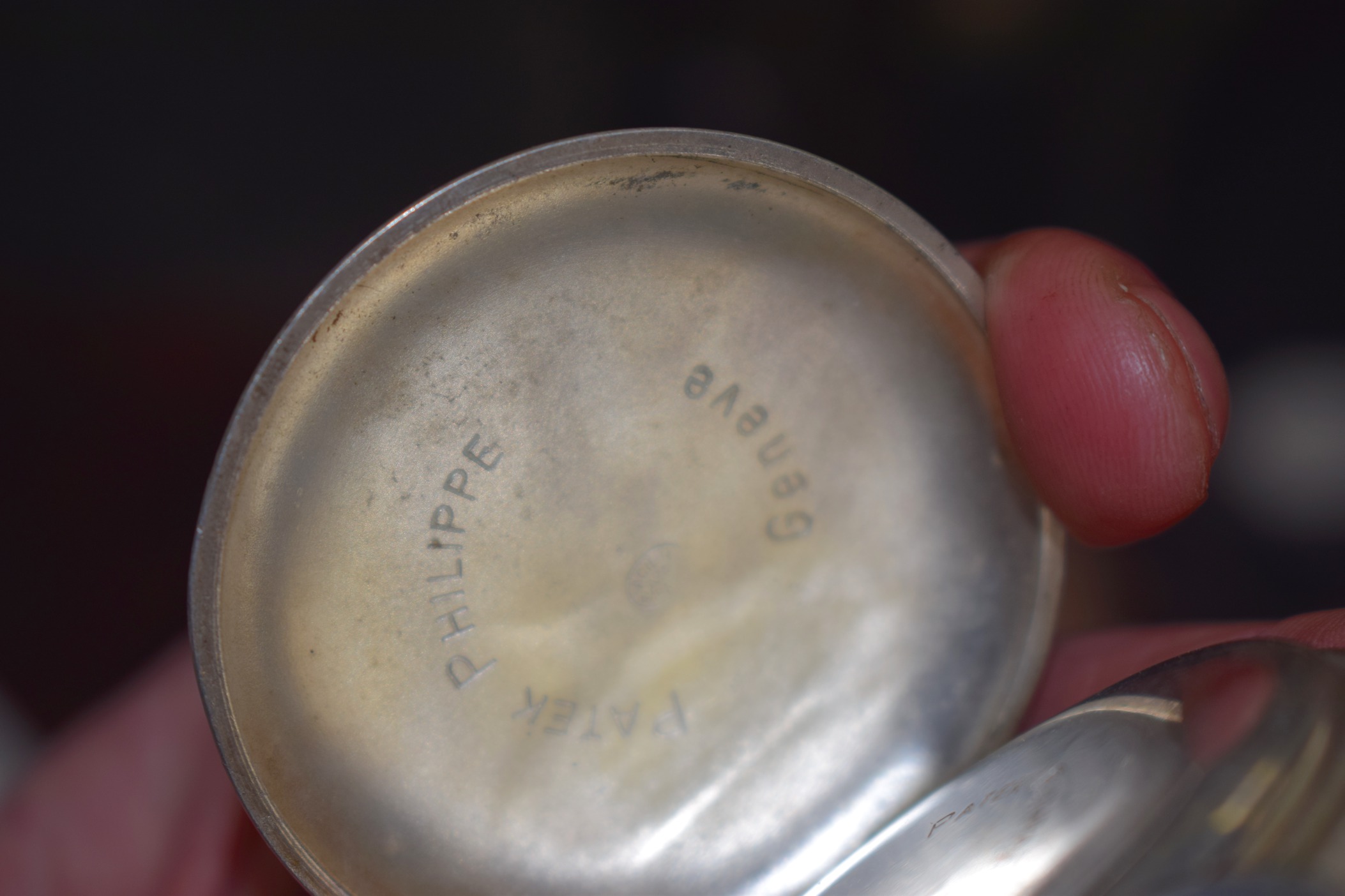 A RARE ANTIQUE PATEK PHILLIPE SILVER TRIPLE DIAL POCKET WATCH with gold and blue highlights. 5.5 - Image 8 of 11