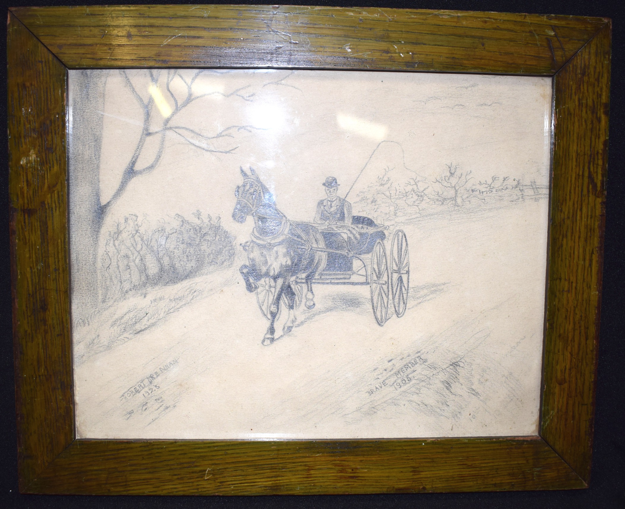 BERT DRENNAN (1925), framed sketch, male on a horse, "Brave Member". 22 cm x 28 cm.
