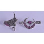 TWO NOVELTY SILVER AND MARCASITE BROOCHES. (2)