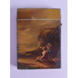 A VICTORIAN PAPIER MACHE CARD CASE painted with two young children within a coastal landscape. 7.5