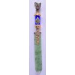 A CONTEMPORARY RUSSIAN SILT GILT NEPHRITE AND ENAMEL PAPER KNIFE with top surmounted with an