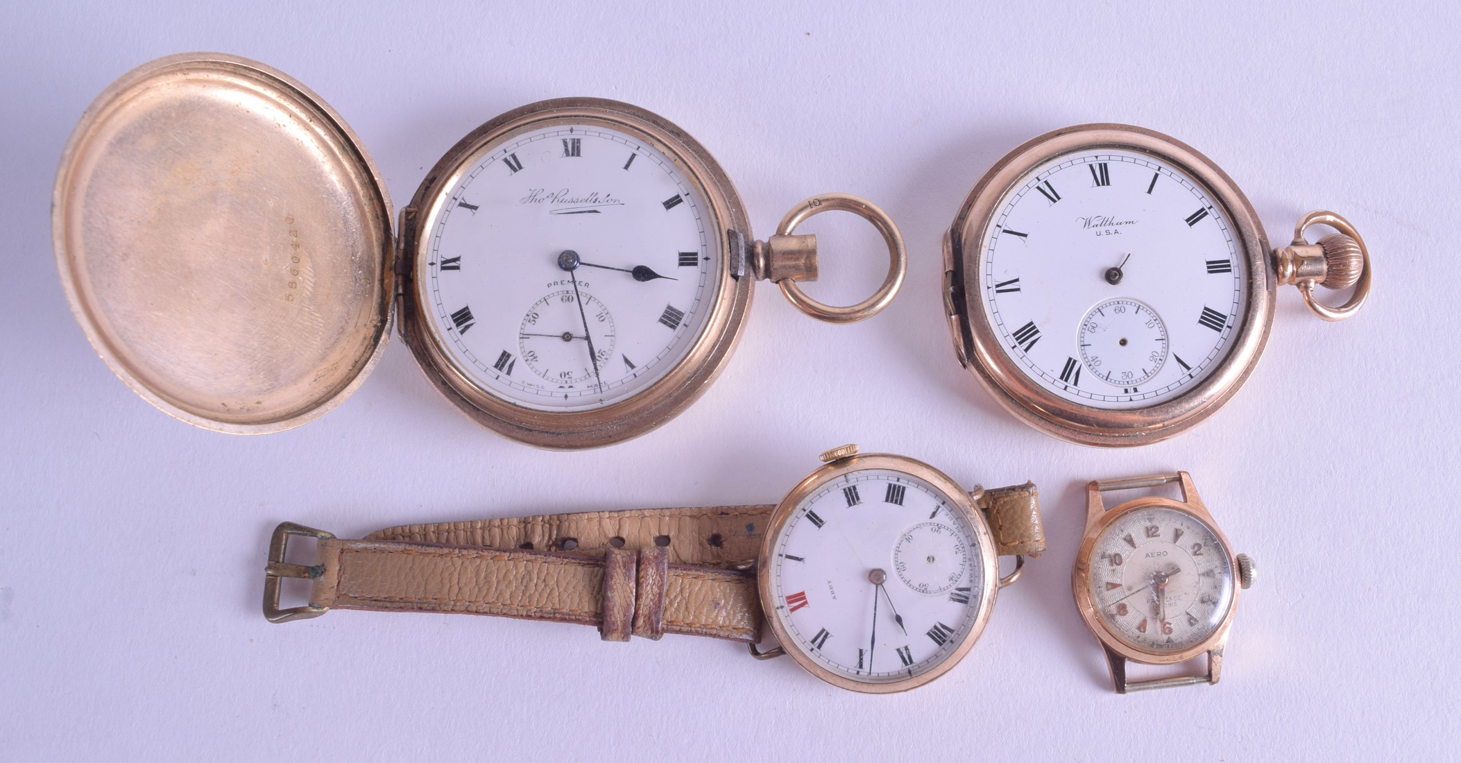 TWO ANTIQUE YELLOW METAL POCKET WATCHES together with a 1930s gentlemans watch & another. Largest