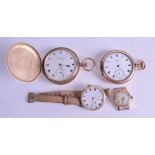 TWO ANTIQUE YELLOW METAL POCKET WATCHES together with a 1930s gentlemans watch & another. Largest