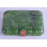 A GOOD RUSSIAN 18CT GOLD DIAMOND ENAMEL AND NEPHRITE CIGARETTE CASE formed as two opposing elephants