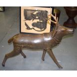 AN UNUSUAL LARGE CARVED WOODEN FALLOW DEER, with real antlers. 77 cm x 82 cm.