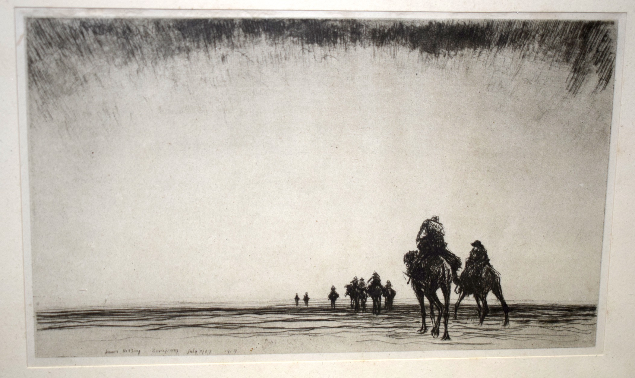 JAMES MCBAY (1883-1959), set of three framed pen & ink drawing, camels in landscapes. 15 cm x 24 - Bild 2 aus 4