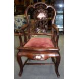 AN EARLY 20TH CENTURY CHINESE MARBLE INSET HARDWOOD CHAIR, with boldly carved backsplat forming