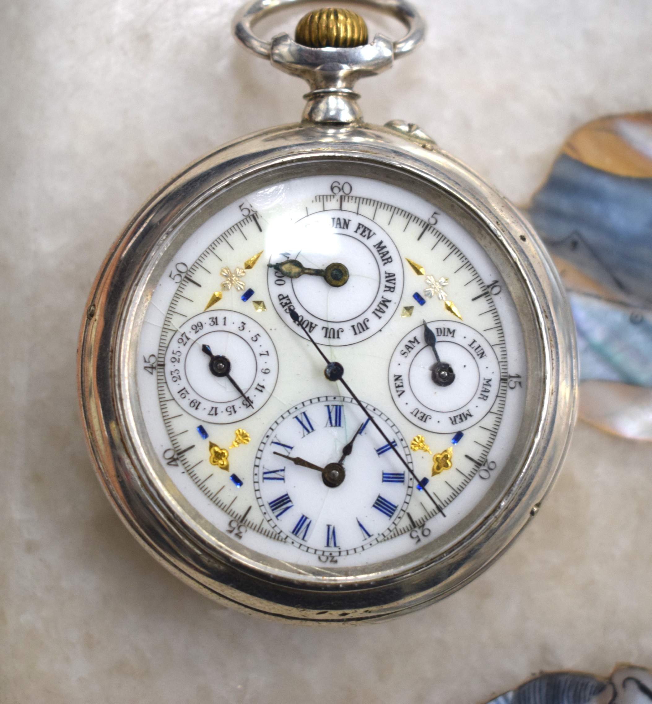 A RARE ANTIQUE PATEK PHILLIPE SILVER TRIPLE DIAL POCKET WATCH with gold and blue highlights. 5.5 - Image 4 of 11