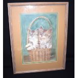 RUBY MENZIES (British), framed pastel, "Two's Company", two cats in a basket. 29 cm x 20 cm.