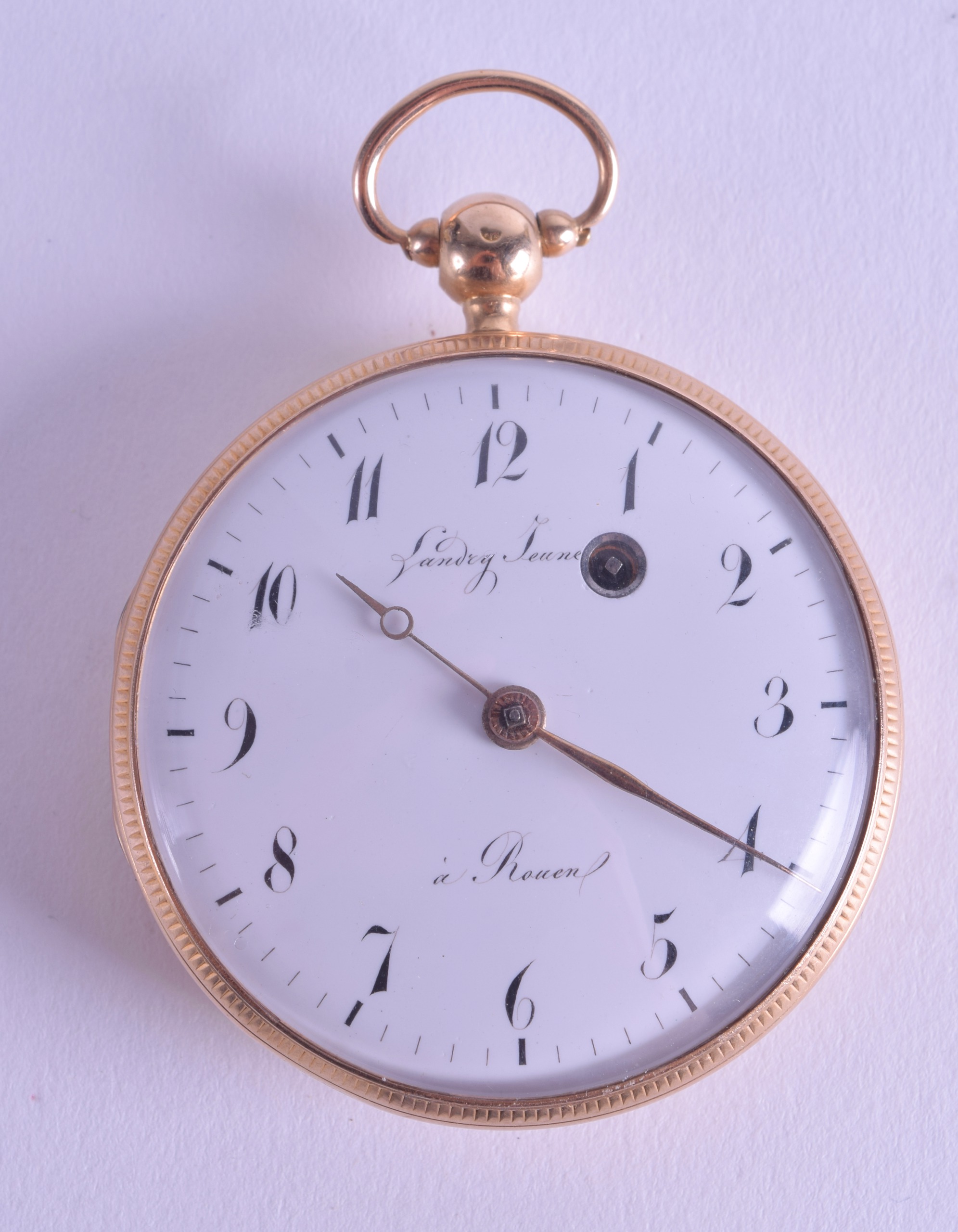 A MID 19TH CENTURY FRENCH 18CT GOLD POCKET WATCH with white enamel dial and black numerals. 109.4