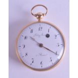 A MID 19TH CENTURY FRENCH 18CT GOLD POCKET WATCH with white enamel dial and black numerals. 109.4