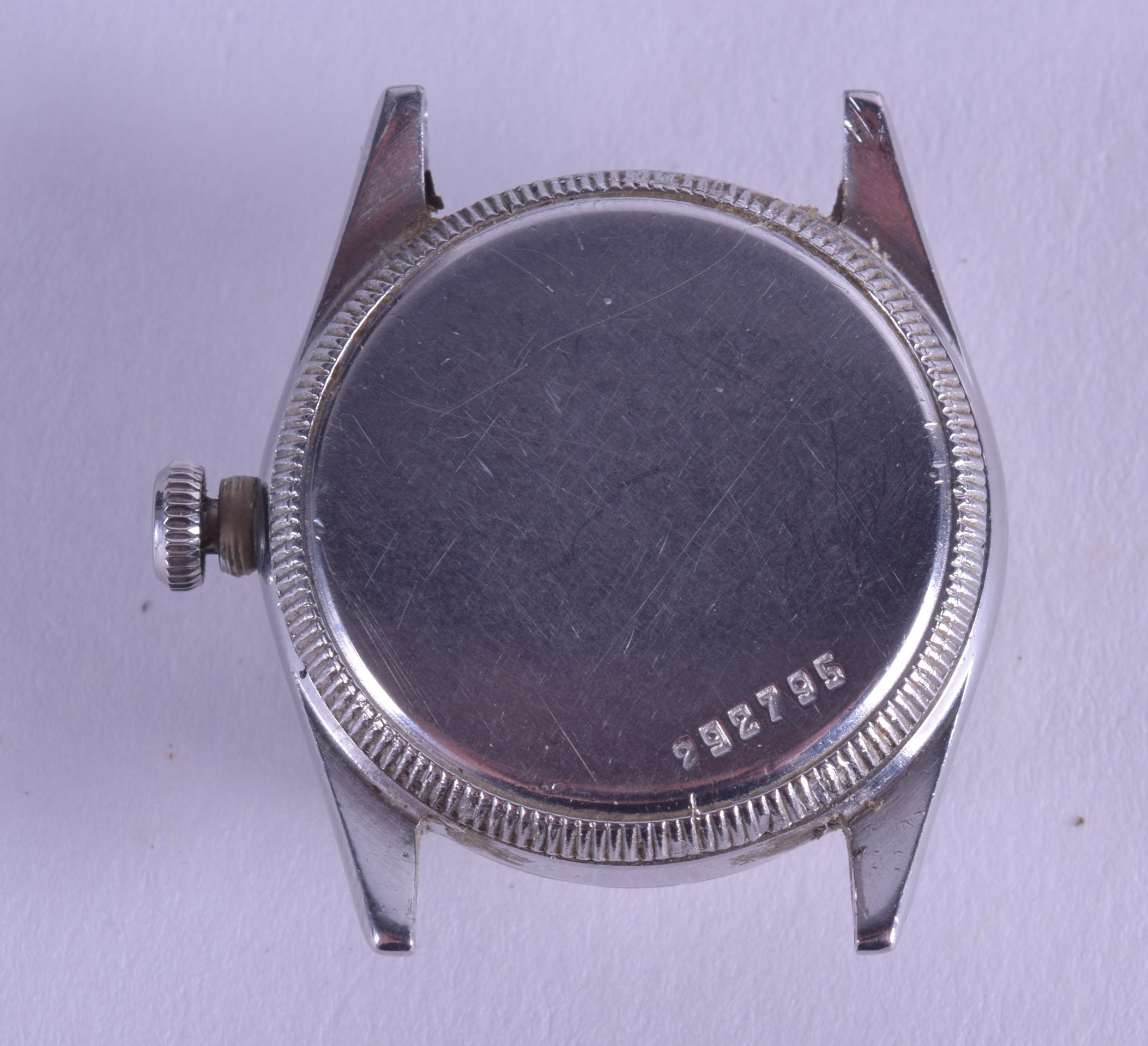A VINTAGE ROLEX OYSTER STAINLESS STEEL WATCH DIAL AND MOVEMENT with circular face and gilt numerals. - Image 2 of 4