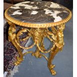 A GOOD MARBLE TOP TABLE, formed with winged ormolu figural supports. 78 cm x 70 cm.