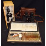 A CASED PHILO MICROSCOPE, together with "Lumalite Super" cased binoculars and a quantity of