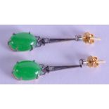 A PAIR OF 9CT GOLD AND SILVER JADE EARRINGS.