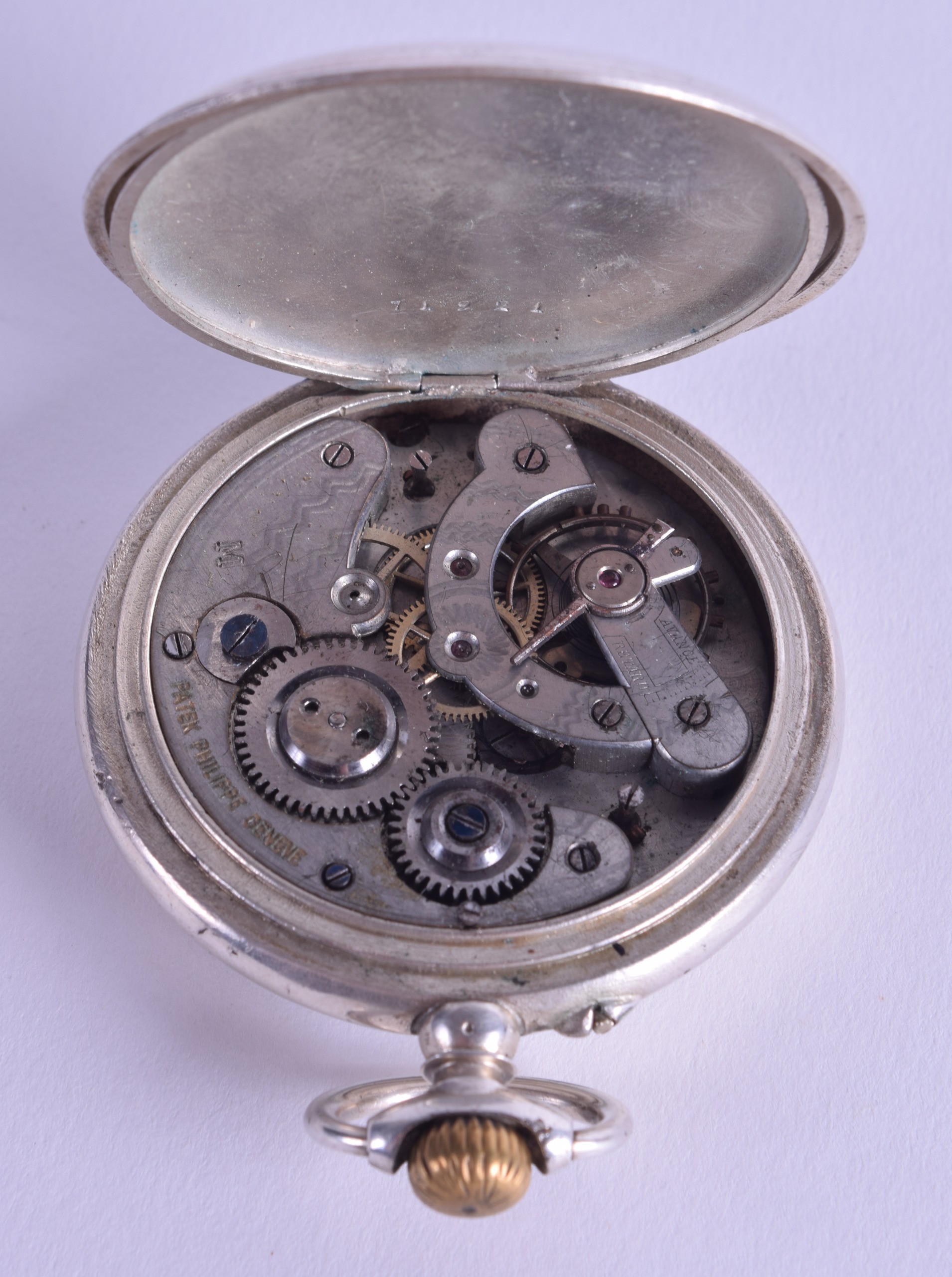 A RARE ANTIQUE PATEK PHILLIPE SILVER TRIPLE DIAL POCKET WATCH with gold and blue highlights. 5.5 - Image 3 of 11
