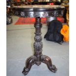 A RARE 19TH CENTURY CHINESE MARBLE INSET TRIPOD TABLE, lobed in shape with carved foliate body and