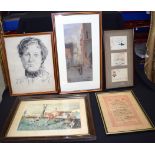 A GROUP OF FIVE PICTURES, including a sketch of a female. (5)