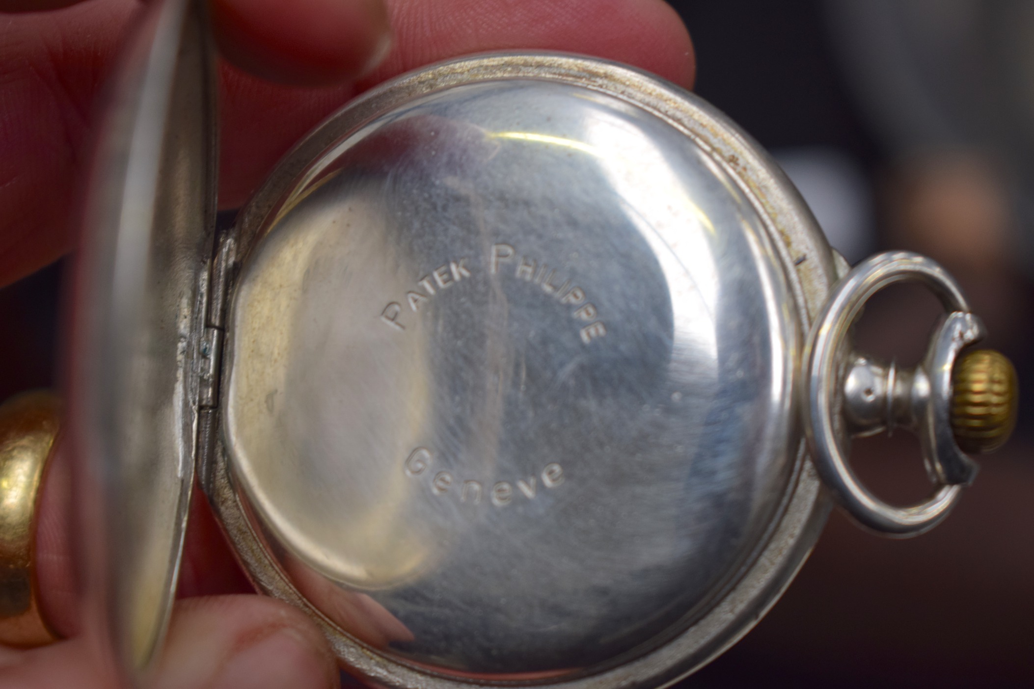 A RARE ANTIQUE PATEK PHILLIPE SILVER TRIPLE DIAL POCKET WATCH with gold and blue highlights. 5.5 - Image 7 of 11