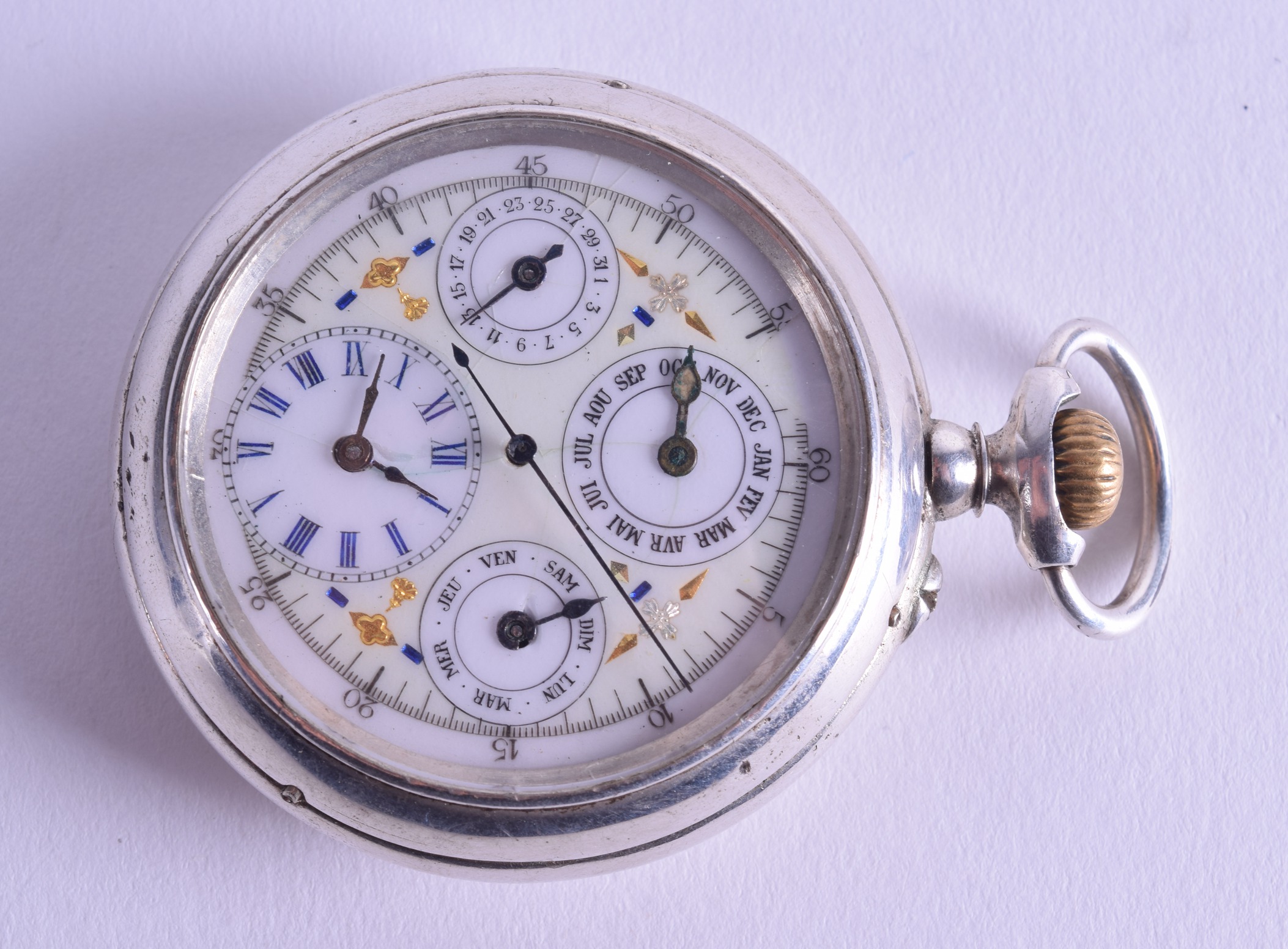 A RARE ANTIQUE PATEK PHILLIPE SILVER TRIPLE DIAL POCKET WATCH with gold and blue highlights. 5.5