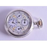 A RARE ANTIQUE PATEK PHILLIPE SILVER TRIPLE DIAL POCKET WATCH with gold and blue highlights. 5.5