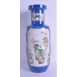 A 19TH CENTURY CHINESE FAMILLE VERTE PORCELAIN ROULEAU VASE Kangxi style, painted with birds and