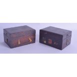 A PAIR OF LATE 19TH CENTURY CHINESE CARVED WOOD BOXES AND COVERS overlaid in hardstone with
