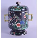 A RARE CHINESE QING DYNASTY FAMILLE NOIRE TWIN HANDLED CUP AND COVER probably late Kangxi, painted