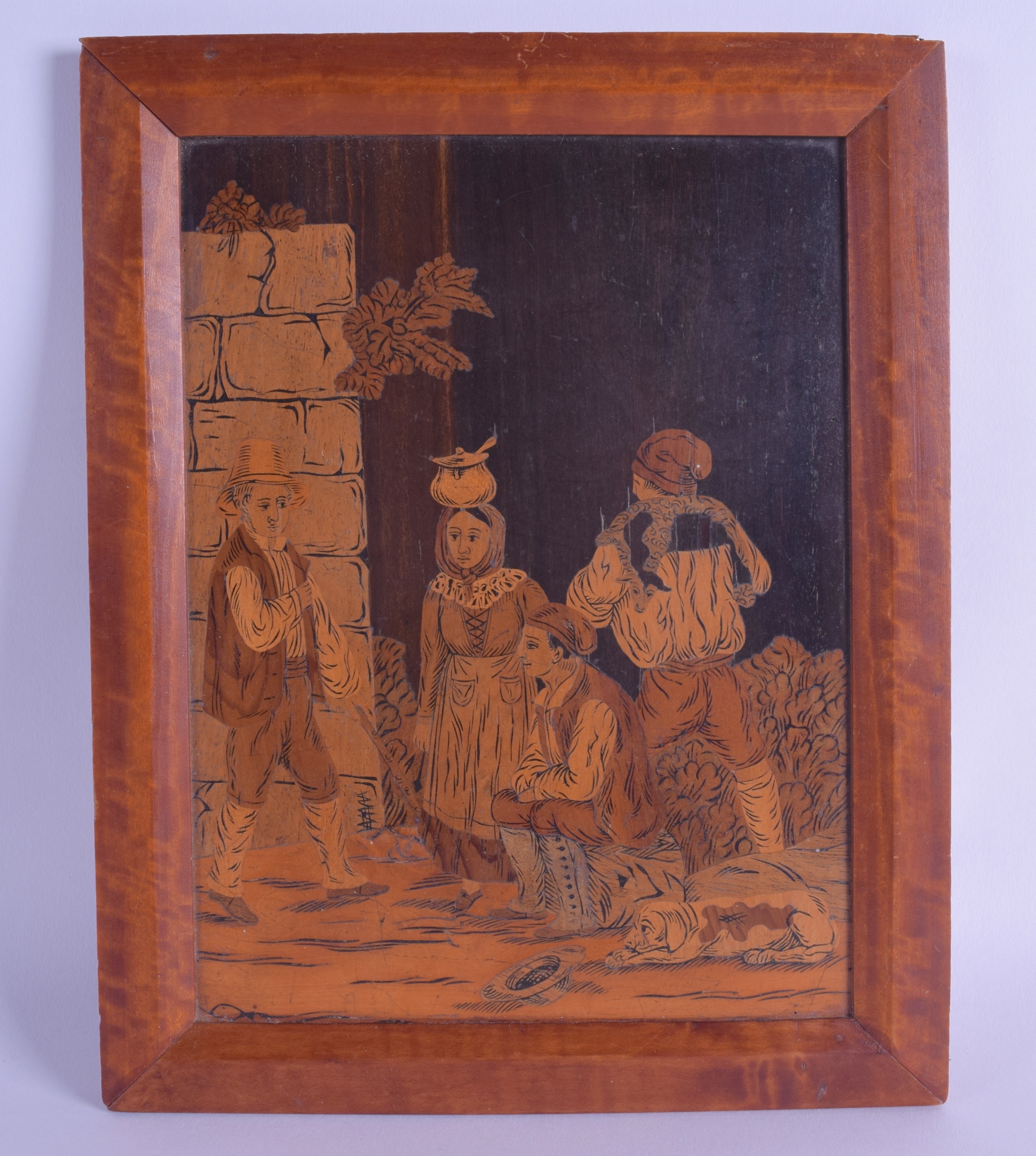 A 19TH CENTURY CONTINENTAL MARQUETRY WOODEN PANEL inlaid with four figures and a hound within an