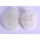 A CHINESE CARVED WHITE JADE LINGZHI FUNGUS together with another pale green plaque plaque. 5 cm &