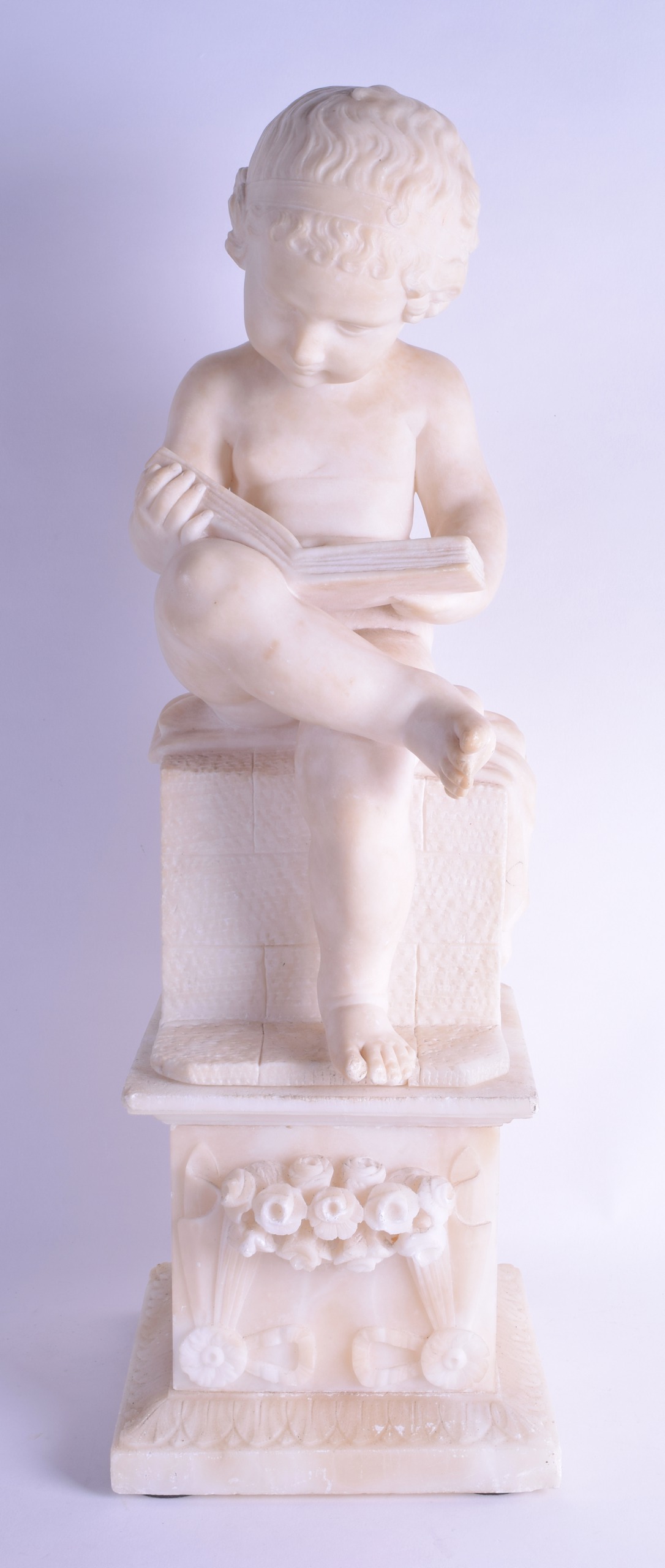 A LARGE 19TH CENTURY ITALIAN CARVED ALABASTER FIGURE OF A MALE modelled upon a square pedestal