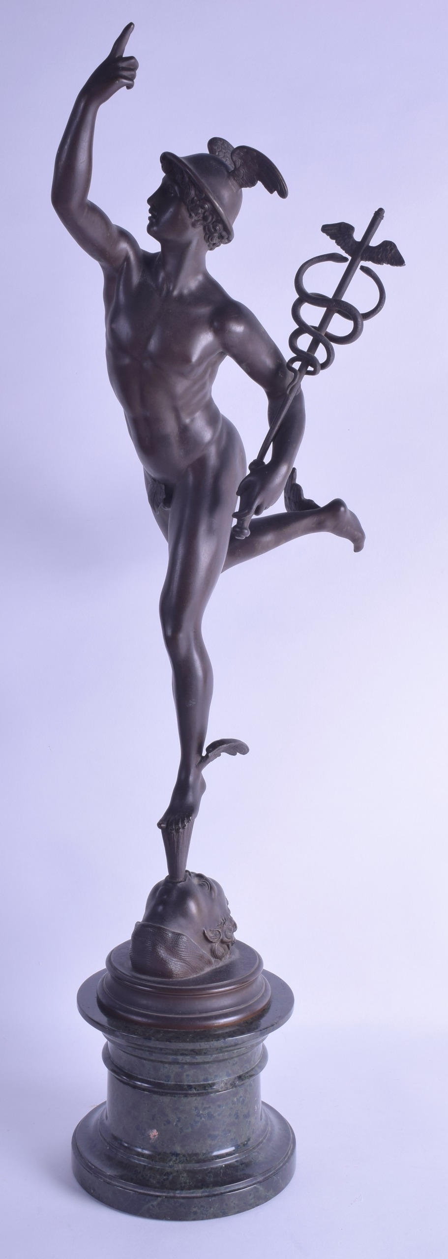 A GOOD 19TH CENTURY ITALIAN BRONZE GRAND TOUR FIGURE OF MERCURY supported upon a well carved