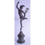 A GOOD 19TH CENTURY ITALIAN BRONZE GRAND TOUR FIGURE OF MERCURY supported upon a well carved