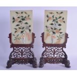 A PAIR OF EARLY 20TH CENTURY CHINESE HARD STONE SCHOLARS SCREENS with fitted wooden stands,